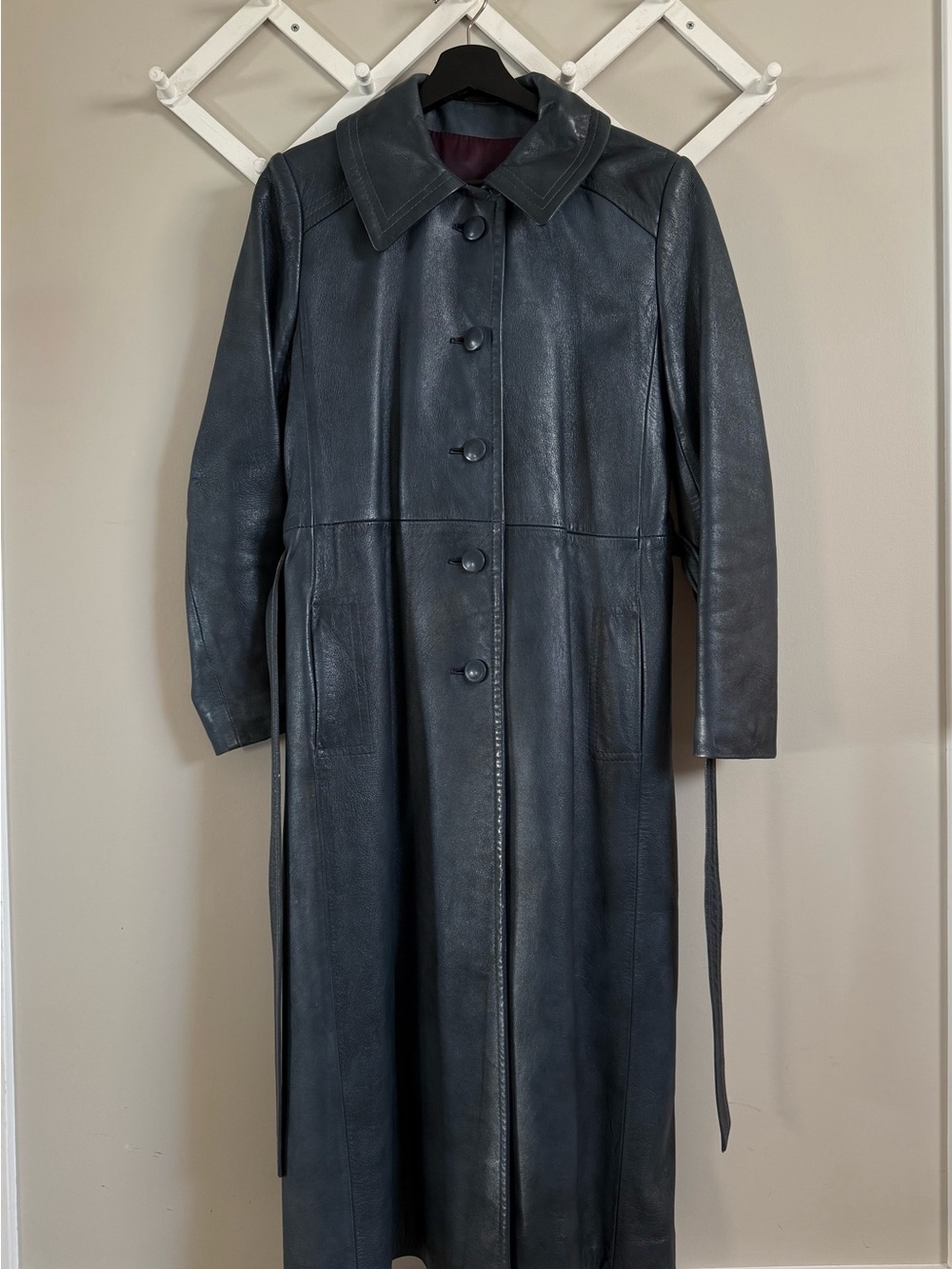 Vintage Genuine Leather Long Cool Dark Blue Belted Trench Coat Jacket - Picture 2 of 11
